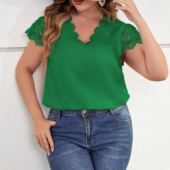 Plus Size Sheer Lace Sleeve Scallop Trim Top Blouse Shirt Green - Picture 1 of 16